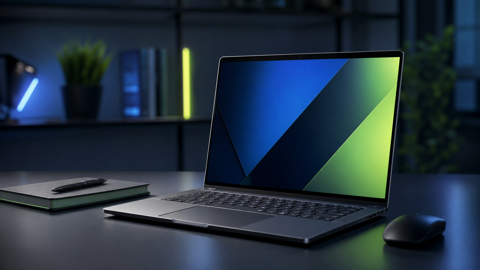 Notebook moderno sobre uma mesa escura com iluminação azul e verde